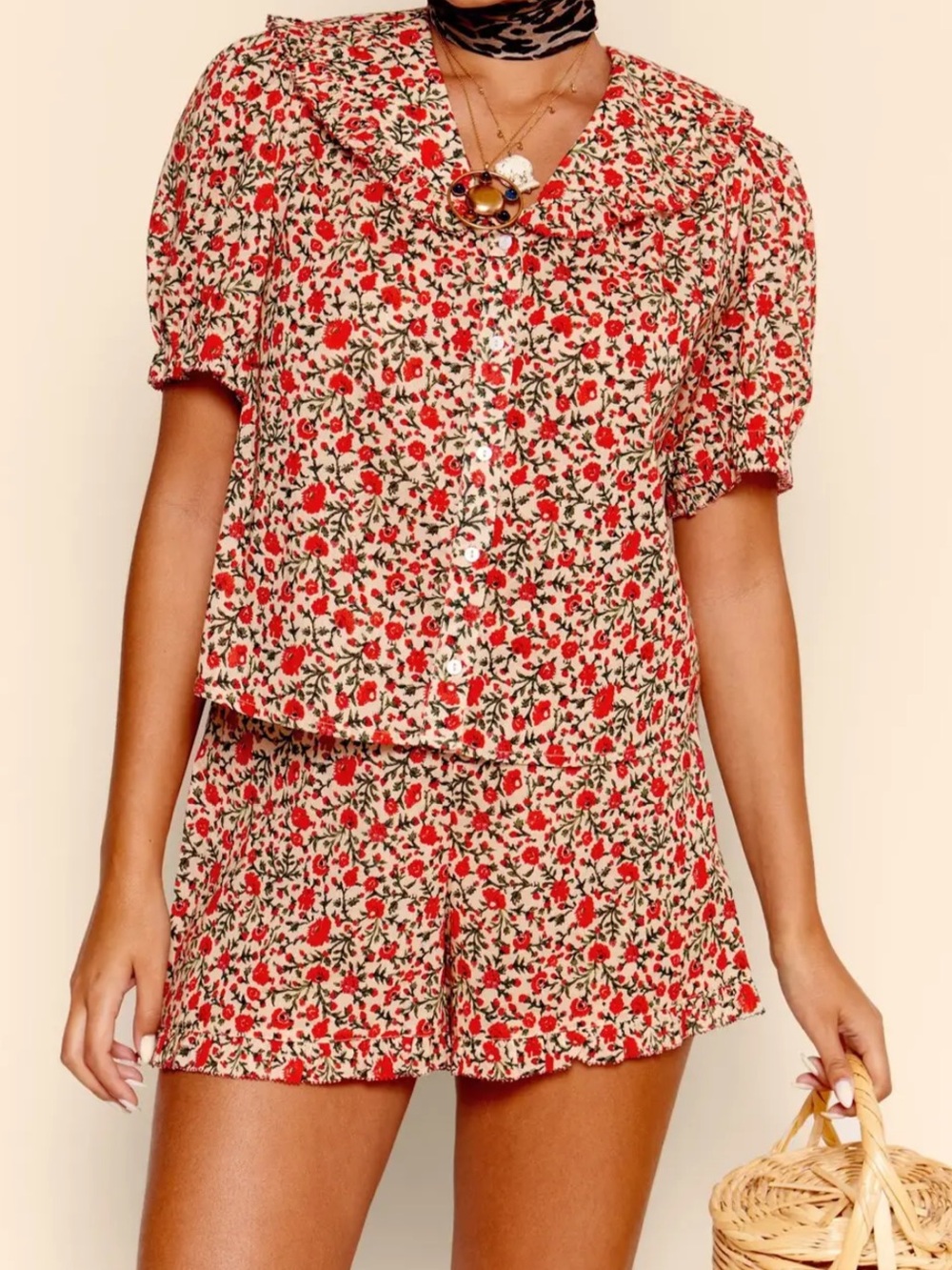 RIXO Red and Green Floral Two-Piece Crop Top & Shorts Set
